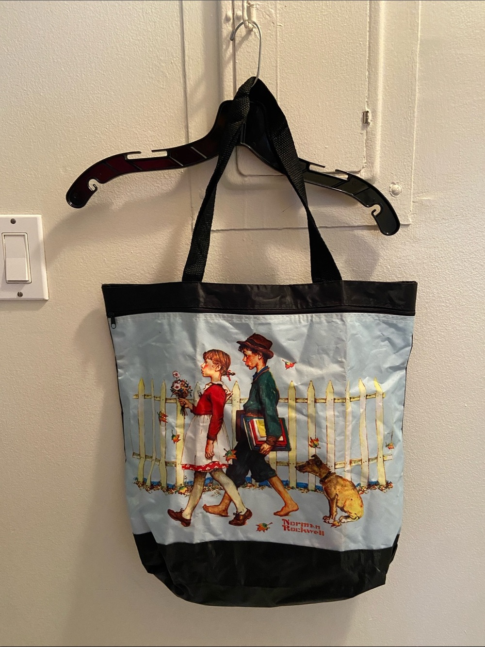Norman Rockwell Tote in Light Blue and Black with Vintage Illustration